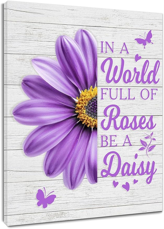 LB Purple Daisy Floral Canvas Wall Art Farmhouse Flower Funny Inspirational Quote Framed Art Prints Rustic Butterfly Wall Decor for Bedroom Living Room Bathroom Kitchen Home Office,20Lx16W inch