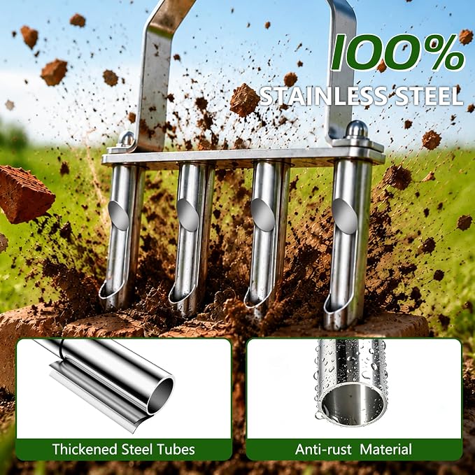 Stainless Steel Aerator Lawn Tool with 4 Heavy-Duty Hollow Tines,Anti-Clogging Core Aerator,Ergonomic Design Lawn Aerator,Semi-Assembled Lawn Aerator Tool for Lawn Garden Yard Patio