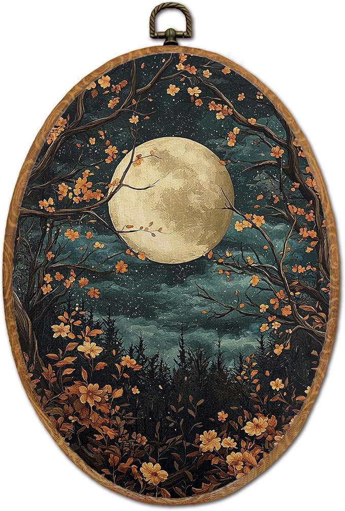 DOFQZ Moody Forest Full Moon Oval Wall Art Decor, Dark Academia Cottagecore Wildflowers Framed Wall Art, Mystical Celestial Night Walls Hanging Decor for Home Living Room Bedroom, 8.5x11.5 Inch