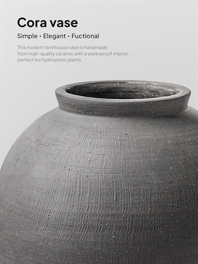 Black Ceramic Vase - Large 12.5 Inch Round Floor Vase for Centerpieces, Farmhouse Flower Vases, Rustic Minimalist Home Decor,Sandstone Dark Grey