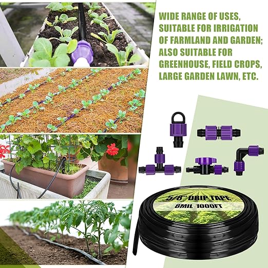 Tondiamo 250' 5/8 Inch Drip Tape Irrigation Tubing Kit 16 Mil 6" Spacing Garden Hose Watering Tube Line Automatic Equipment for Garden Irrigation System Farms, Landscape, Lawn