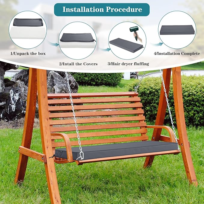 Outdoor Bench Cushions 48 x 18 Inch Thick Waterproof Porch Swing Cushions with Tie Patio Furniture Chair Cushion Bench Pad Color Fastness Backyard Seat Pads Dark Grey