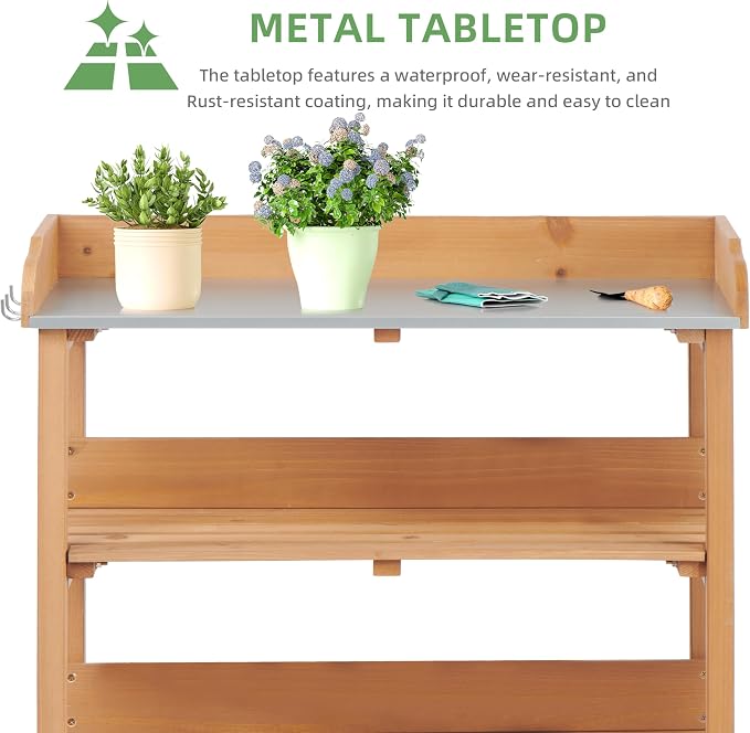 Outdoor Wooden Potting Bench Table, Garden Wood Workstation Planting Table with Metal Top, Storage Shelf, and 3 Hooks for Gardening, Light Brown