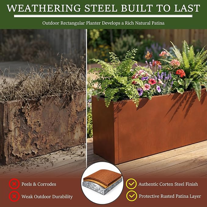 32 Inch Corten Steel Planter Box for Outdoor Plants, Large Rectangular Weathering Steel Planter with Drainage Holes, Metal Planter Box for Patio, Porch, Balcony, Backyard & Garden