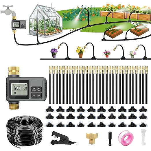 120 Ft Drip Irrigation System with Smart Water Timer – Automatic Garden Watering Kit with Solid Brass Metal Connectors, 360° Adjustable Nozzles & Bendable Tubing for Garden, Greenhouse & Lawn
