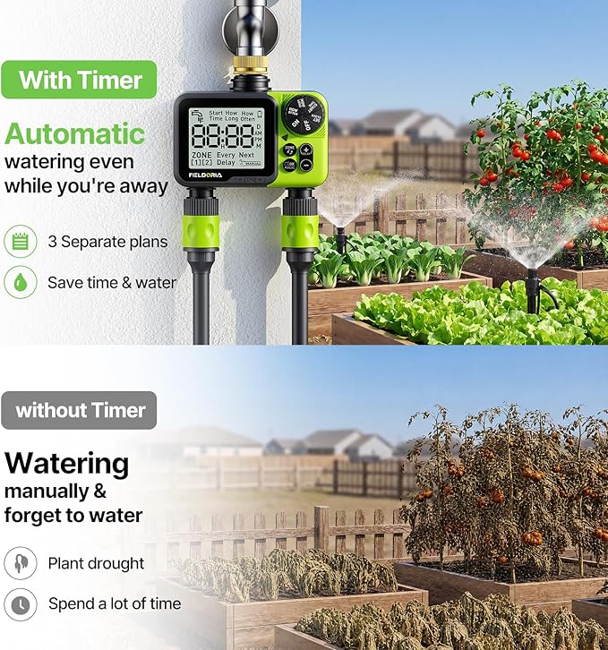Sprinkler Timer- Water Timer for Garden Hose, Brass Inlet Programmable Watering Timer, Rain Delay Outdoor Soaker Auto& Manual Irrigation Controller System for Yard Lawn Greenhouse, 2 Outlets