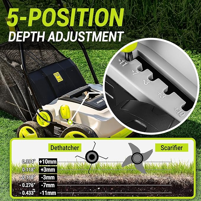 Electric Lawn Dethatcher Scarifier 15 Amp: DEKOPRO 15-inch Lawn Dethatcher and Aerator with 5-Position Depth Adjustment, 40L Collection Bag, 2-in-1 Corded Scarifier for Yard, Spring & Fall Lawn Care