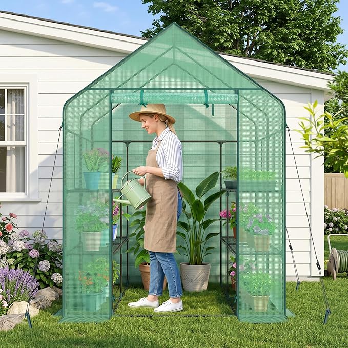 Ohuhu Greenhouse for Outdoors with Screen Windows, 57 x 57 x 76'' Walk in Plant Greenhouses Heavy Duty with Durable PE Cover, 3 Tiers 12 Shelves Stands Plastic Portable Green House with Shelf Clips
