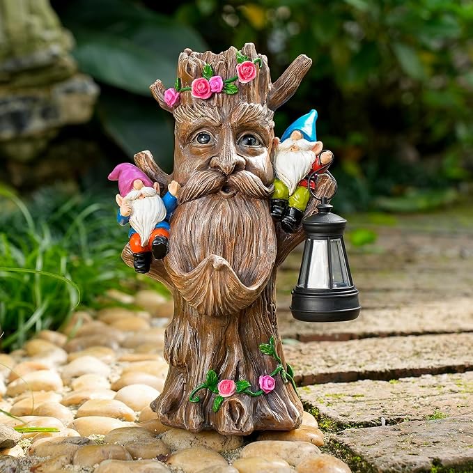 Joint Honglin Solar Tree Face Garden Statue with Lantern, Lighted Tree Gnome Garden Decor, Resin Forest Guardian Sculpture, Outdoor Waterproof Fairy Garden Decoration for Yard Lawn Patio Porch