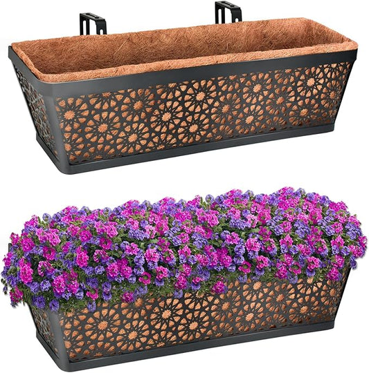 Halatool Railing Window Balcony Deck Planter Boxes Outdoor, 2 Pack 24 Inch Metal Heavy Duty Planter Boxes with Coco Liner for Windowsill Fence Porch Patio Lawn