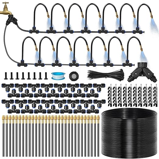 140Ft 1/4" Drip Irrigation System for Garden – 30 Adjustable Copper Nozzles, Automatic Atomizing Sprinkler System for Outdoor Plants Raised Bed, Yard, Potted Plants & Lawn