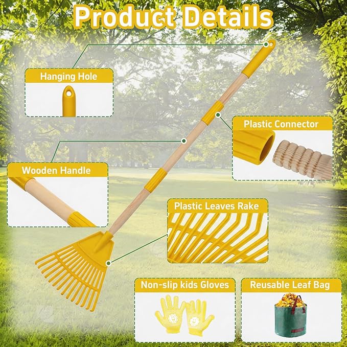 2 Pack Kids Adjustable Leaf Rake Set – 28" to 34" with Detachable Wooden Handles, Lightweight Plastic Head, Designed for Kids, Includes 2 Pairs of Gloves & Leaf Bag (Yellow)