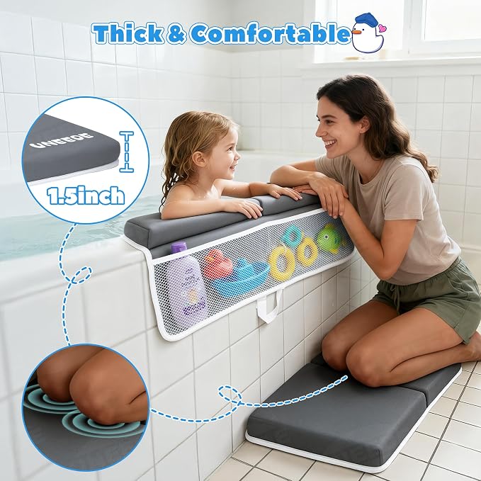 UNEEDE Baby Bath Kneeler and Elbow Rest Pad Set, 1.5” Thick Memory Foam Bath Kneeling Pad with Elbow Support, Bathtub Mat with Toy Organizer for Bathing Infant or Toddler, Grey