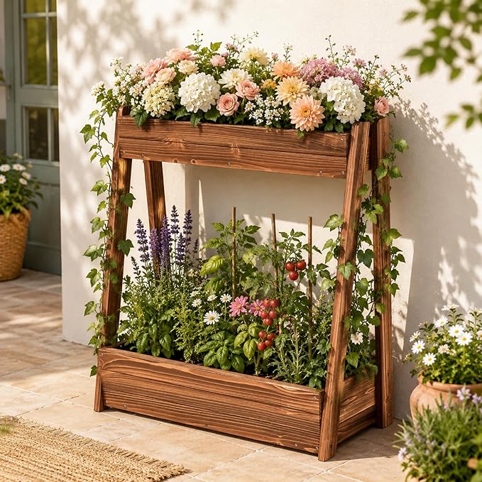 2-Tier Elevated Raised Garden Bed, 36" H Fir Wood Planter Box with 23" Large Growing Space, Drainage Holes & Non-Woven Liner, Outdoor Flower Bed & Herb Garden Planter for Patio Balcony Backyard