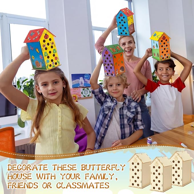 DoubleFill 24 Pack Wood Ladybirds House Painting Crafts Kits My First Ladybugs House DIY Art Craft Kit with Hemp Rope DIY Cedar Wooden Birdhouse for Building Bee Butterfly Habitat, No Paint