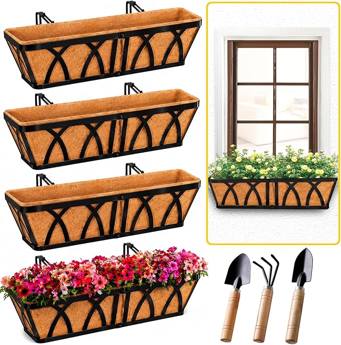 HKZ Deck Balcony Railing Planter Window Boxes - 4 Pack 24 Inch Planter Box, Balcony Planters Railing Hanging, Window Boxes Outdoor Fence Planters