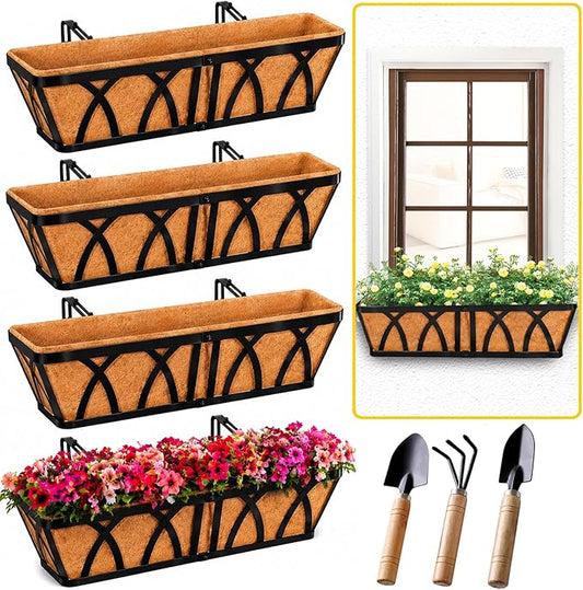 HKZ Deck Balcony Railing Planter Window Boxes - 4 Pack 24 Inch Planter Box, Balcony Planters Railing Hanging, Window Boxes Outdoor Fence Planters