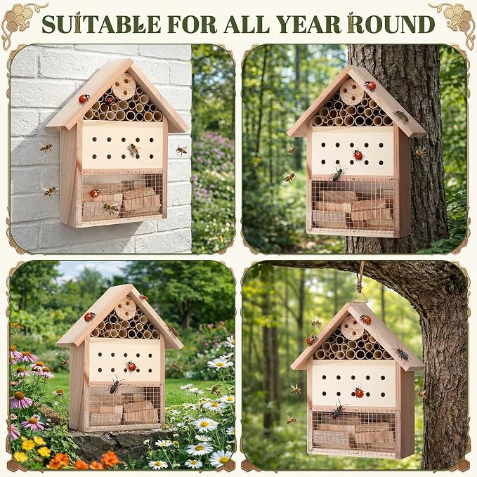 2 Pcs Wooden Bee Houses for Garden Insect Hotel for Ladybug, Mason Bee, Bugs Outdoor Hanging Natural Beneficial Insect Habitat for Garden and Yard, 9.8 x 7.8 x 2.95 Inch