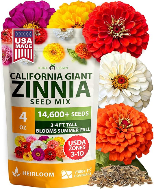 HOME GROWN Zinnia Seeds for 2026 - California Giant Mix - 14,600+ (4 oz) Plant Wildflower Blooms Bulk Seeds for Planting Flowers Outside - Pollinator Gardens (Zinnia elegans)