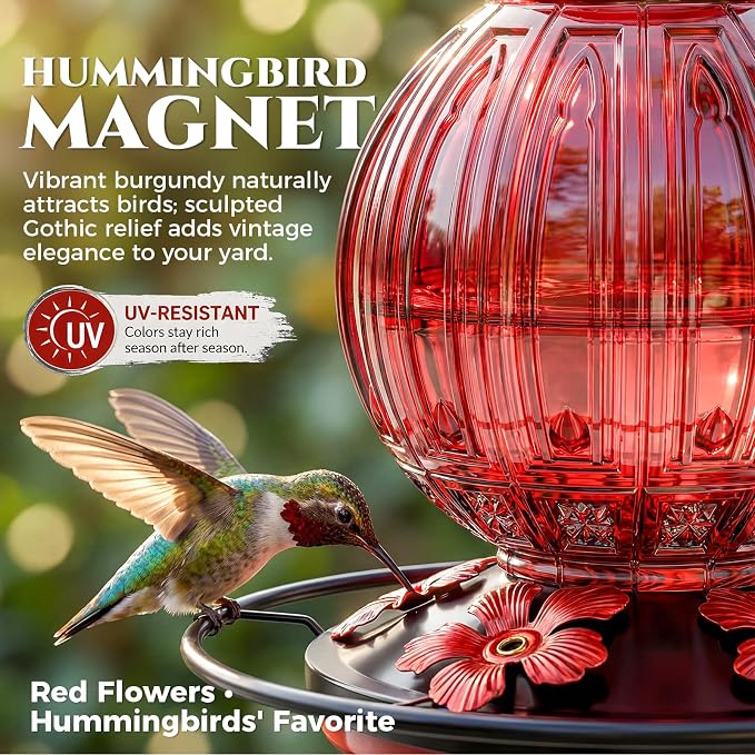 2 Pack Glass Hummingbird Feeder for Outdoors Hanging, Bird Nectar Feeder with Perch & 5 Flower Feeding Ports, 26 Oz Leak Proof for Outside Garden Decor Backyard, Gifts for Women Mom, Red + Purple