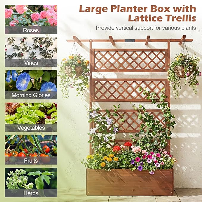 Giantex Raised Garden Bed with Trellis 2 Pack, 72'' Wooden Planter Box Outdoor w/Privacy Screen Roof, Large Vertical Garden Planter w/Drainage Holes for Climbing Plants, Patio Balcony Backyard