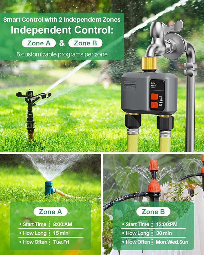 WiFi Sprinkler Timer 2 Zone with 984 Feet RF Gateway/Brass Inlet & Outlet, 2 Outlet Smart Water Timer for Garden Hose with Rain Delay/Manual/Automatic,WiFi Water Hose Timers for Garden & Lawns