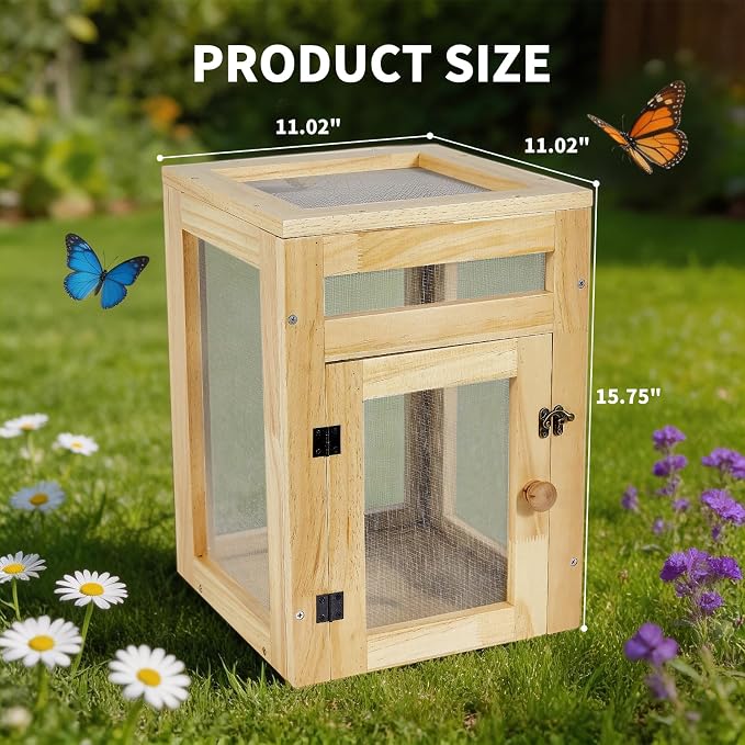Wooden Butterfly Habitat Cage Kit, 15.75 Inch Monarch Caterpillar Habitat, Mesh Butterfly Enclosure for Raising Butterflies, Insect Observation House for Kids, Classroom, Garden