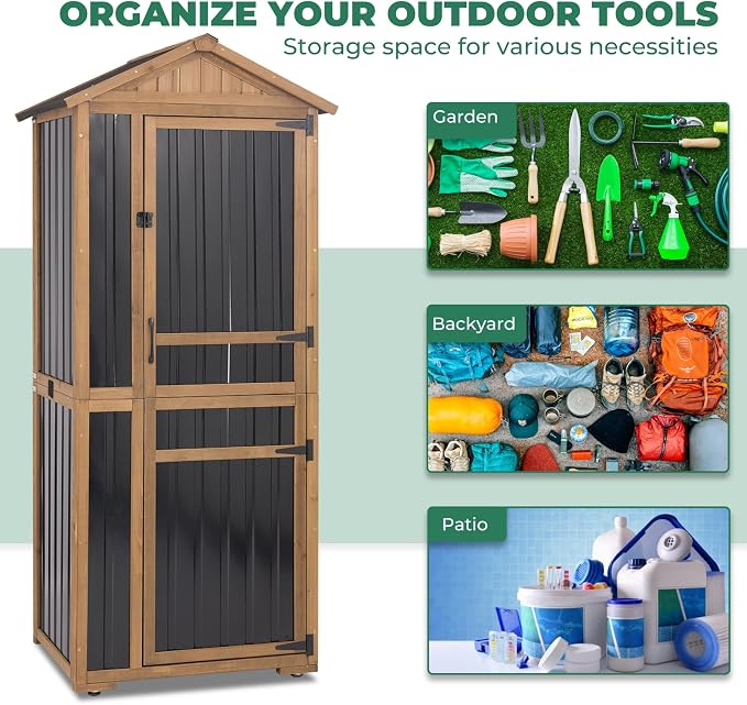 Large Outdoor Storage Cabinet with 4 Shelves, Wood Outdoor Storage Shed with Weatherproof Roof, Lockable Doors, Tall Outdoor Patio Cabinets for Garden Tool and Accessories, Brown