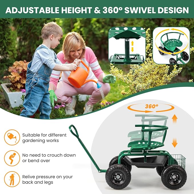 IRONMAX Garden Cart with Seat, Gardening Rolling Stool Scooter with All-Terrain Wheels, Adjustable Steering Handle & Removable Cushion for Planting, Outdoor Gardening Work Seat for Patio, Yard (Green)