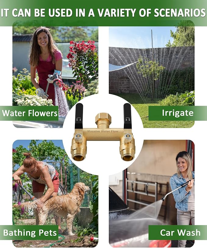 Hose Splitter 2 Way Heavy Duty, Full Flow Garden Hose Splitter with 2 Long Metal Handles, Brass Rust and Freeze Resistant Water Hose Bib Splitter, T Adapter Connector with 3/4 - Inch GHT Thread（Black）