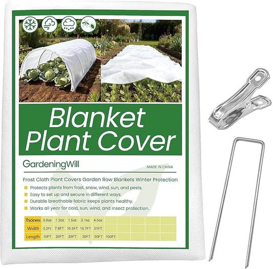 10.5Ft x 20ft Frost Protection Plant Cover – 1.2 oz/yd² Garden Freeze Blanket with Clips & Ground Stakes for Outdoor Winter Plant Protection, Reusable Floating Row Cover for Garden Vegetables