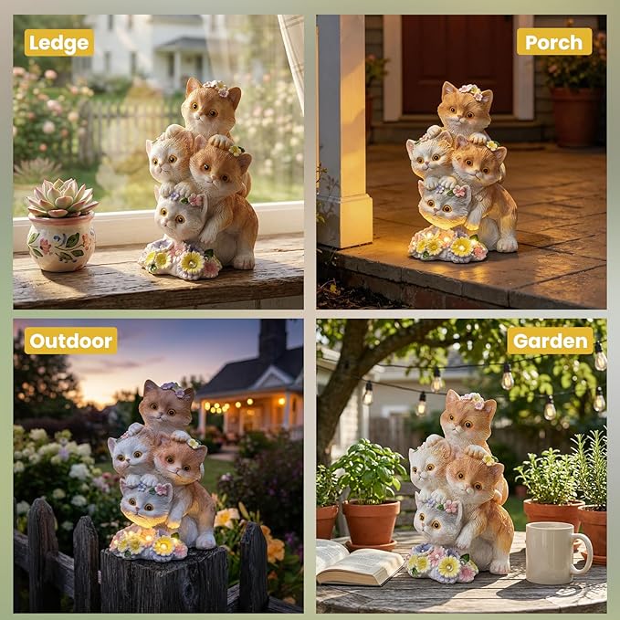 Solar Cat Garden Statues with 6 LED Flower Lights, Stacked Kitten Figurine, Garden Decor for Outside, Birthday Gifts for Women Cats Lovers Mom Grandma