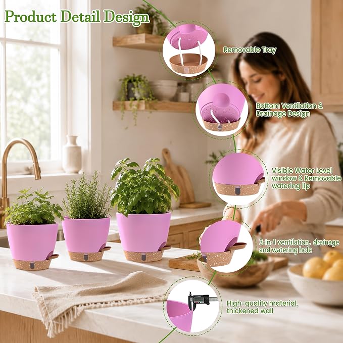 Self Watering Pots for Inoor Ourdoor Plants 8/7/6.5/6/5 Inch Plastic Planters with Drainage Holes & Water Level Indicator, Decorative House Flower Nursery Planting Pots with Saucers (Dusty Rose/Pink)