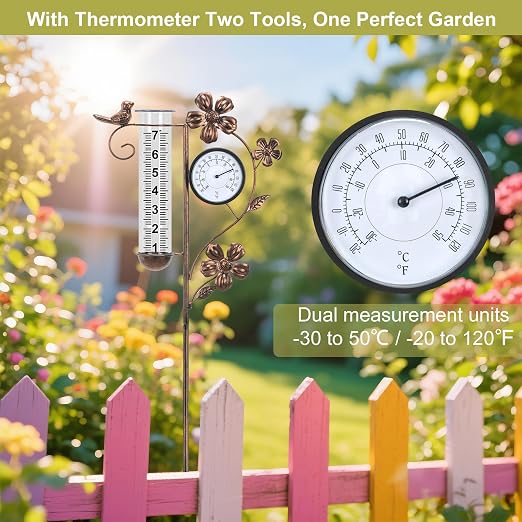 Rain Gauge Outdoor with Thermometer Garden Decor, Bird Decorative Outdoor Rain Gauges for Yard Patio Lawn Garden