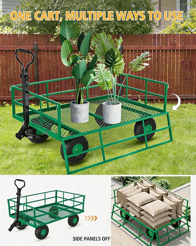 Heavy Duty Steel Garden Cart for Gardening Soil, Tools, and Plant Transport