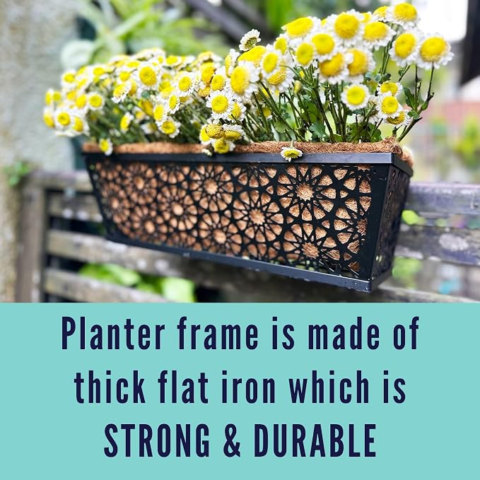 LaLaGreen Window Planter Boxes Outdoor (16 Inch, 2 Pack) Black Metal Wall Hanging Planters for Plants, Deck Railing Flower Box with Coco Liners, Trendy Horse Troughs Balcony Pots Patio Porch Over Rail