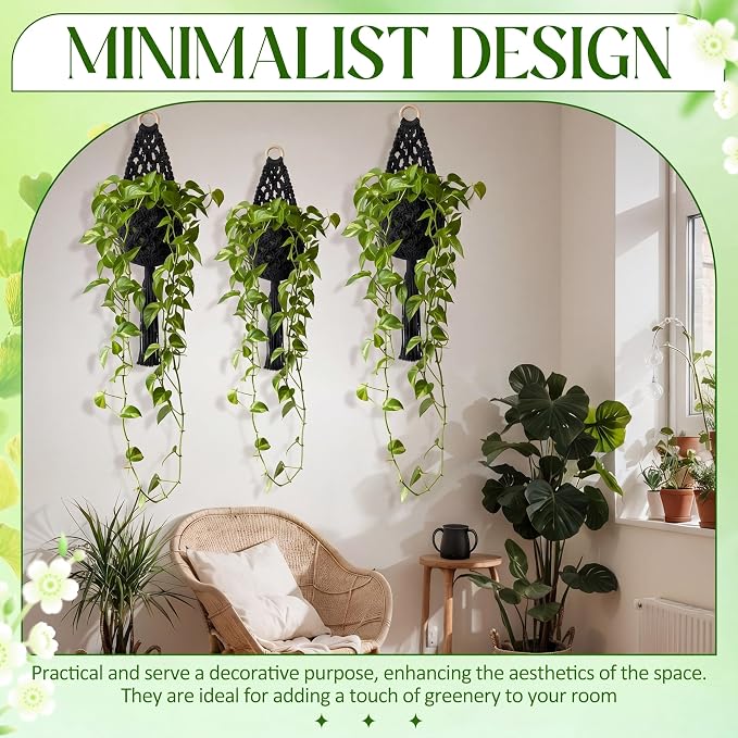 6 Pk Wall Planters for Indoor Macrame Plant Hanger Boho Wall Mounted Flower Baskets Hanging Planter, Plants and Pots are Not Included (Black,4 x 8 Inch)