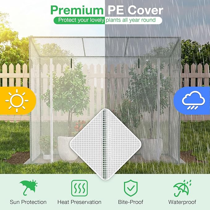 Giantex Walk-in Greenhouse, 4 Ground Stakes & Ropes, Outdoor Portable Mini Greenhouse w/ PE Cover, Heavy-Duty Metal Frame, Roll-up Zipper Door, Double-Layer Screen Windows, 6.6 x 2.5 x 5.6 FT