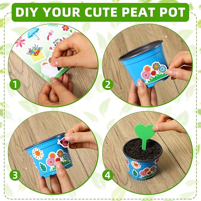 200 Sets Garden Pot Craft Kit, Flower Plant Spring Craft Including Plastic Nursery Plant Pots Labels Tags Stickers for DIY Flower Planting Growing Birthday Arts Kit (Lively)