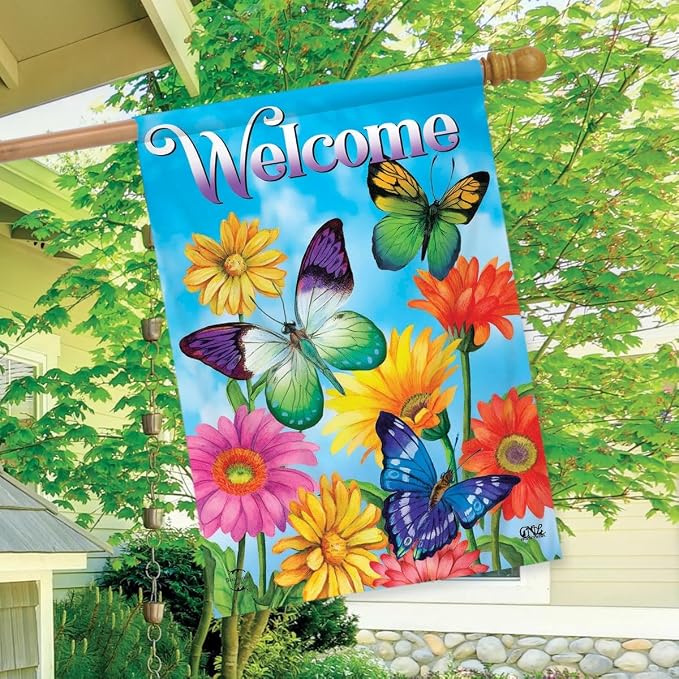 Briarwood Lane House Flag 40x28 For Outdoor Fluttering Butterflies Spring For Spring House Flag