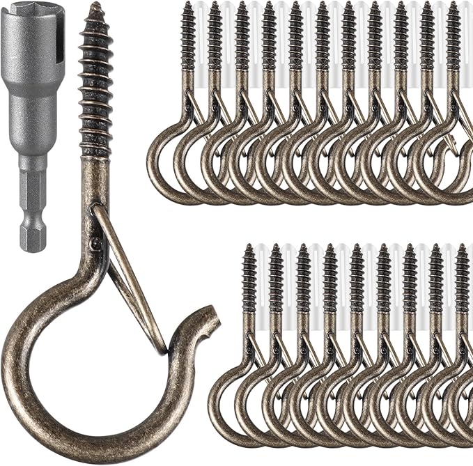 FSAH 96 PCS Q-Hanger Hooks, Screw Hooks for Outdoor String Lights, Safety Buckle Design Cup Eye Hook for Hanging Christmas Lights, Plants, Mounted on Wall Ceiling, Include 1 Wing Nut Driver, Copper