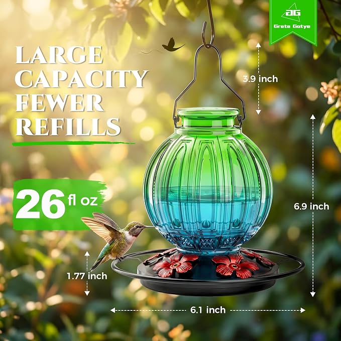 Glass Hummingbird Feeder for Outdoors Hanging, Bird Nectar Feeder with Perch & 5 Flower Feeding Ports, 26 Oz Leak Proof for Outside Garden Decor Backyard, Gifts for Women Mom, Green & Blue