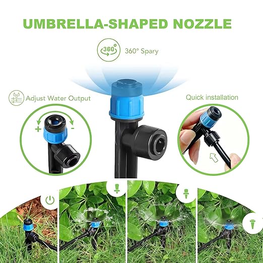 Drip Irrigation System, 3/4" Brass Connector Garden Watering System Kit with Adjustable 360° Umbrella & Drip Emitters for Greenhouse, Garden Grid, Lawn, Potted Plant (16FT+ 79FT)