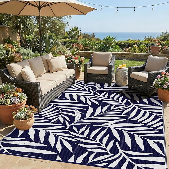 Smiry Outdoor Rug 6x9 ft, Waterproof Reversible Plastic Straw Rugs, Outdoor Area Rug with Leaf Pattern, Outside Floor Mat for Patio, Backyard, Deck, Picnic, Beach, Camping, Navy & White