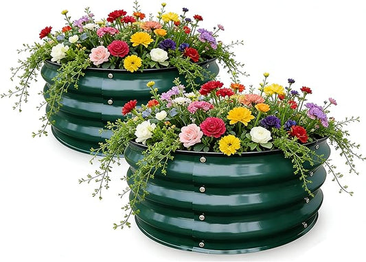 GrowHaus 2x2x1FT Galvanized Raised Garden Bed, Planter Boxes Outdoor Round Metal Garden Beds for Planting Vegetables Flowers Herbs 2 Pack Dark Green