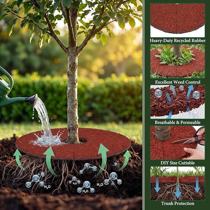 Peryiter Double Side Rubber Mulch Tree Ring, Heavy Duty Rubber Mulch Mat, Tree Root Protector Mat Reversible Round Root Ring Weed Barrier for Prevent Animal Dig (8 Pcs,Red)
