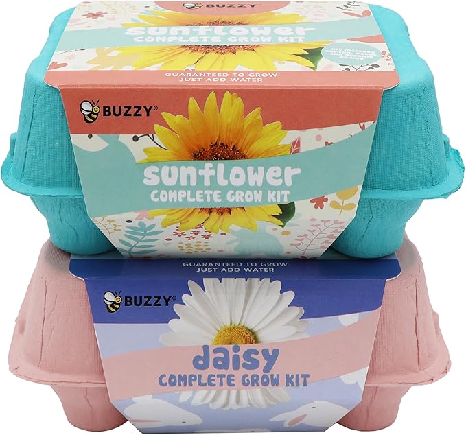 Buzzy Seeds Flower Starter Kit 2-Pack - Egg Carton Eco-Friendly Pots - Complete Indoor Gardening Kit with Seeds, Coconut Husk Growing Medium & Plantable Pots - 100% Grow Guarantee