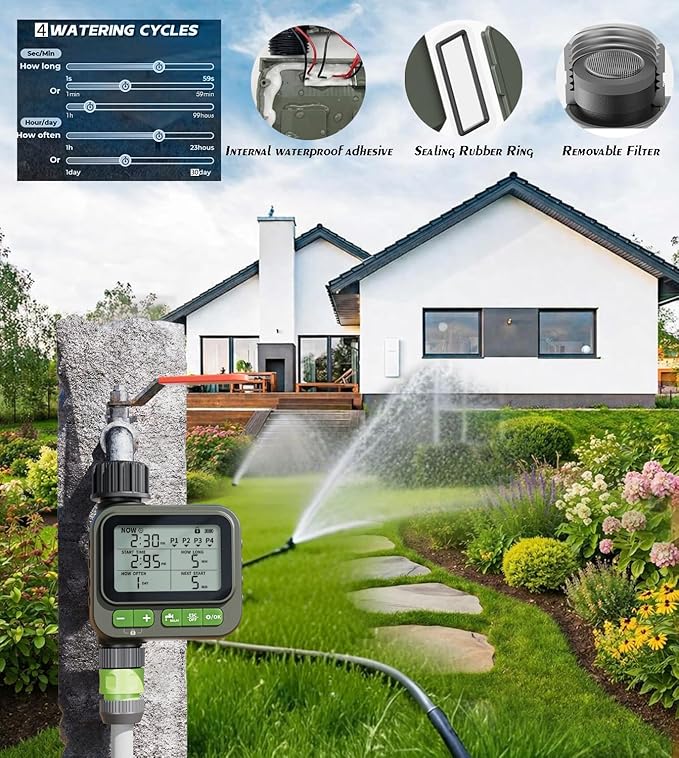 Smart Sprinkler Timer, 4-Zone Programmable Outlet Watering timers, IP65 Waterproof Automatic/Manual Hose Timer with Child Lock for Lawn, Yard, Garden, and Pool (one)