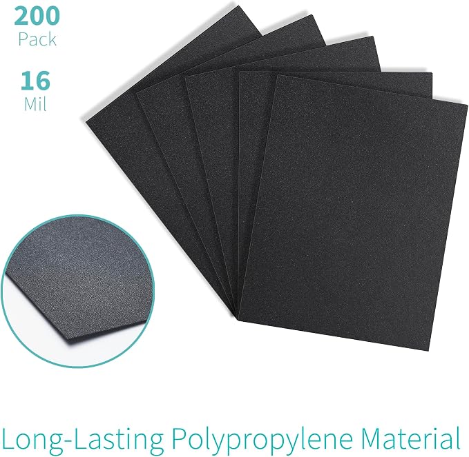 Binditek 200 Pack 16 Mil Sand-Textured Polycover, Midweight Binding Front and Back Covers, Lightly Sanded Finish, 8-1/2" x 11", Square Corners, Un-Punched, Black