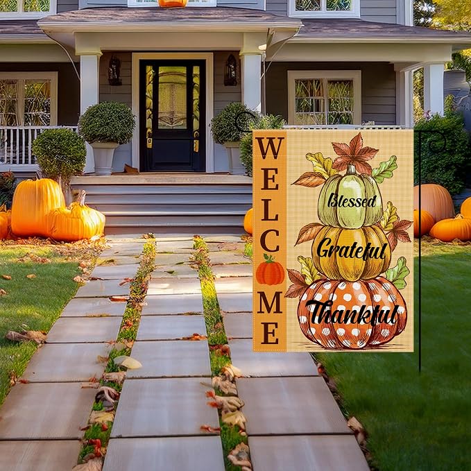 OHOME Fall Decorations for Home - Fall Garden Flag | Double-Side Autumn Decor for Outdoor Indoor Outside - Friendsgiving Welcome Backdrop Banner for Garden Porch Patio Lawn Yard,12x18 Inch